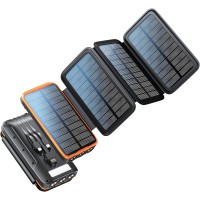 Solar-Ladegerät, mit 4 Sonnenkollektoren, 3 Kabel für Smartphones C, USB, iPhone, 20.000mAh, schwarz orange, ideal für sonnige Tage, am Meer, in den Bergen, Camping, unterwegs