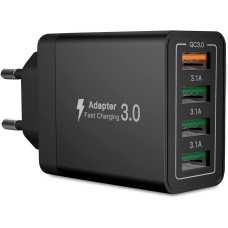Ladegerät USB mit 4 Anschlüssen, Quick Charge, Quick Charger 3.0 33W 6A, universal, schwarz