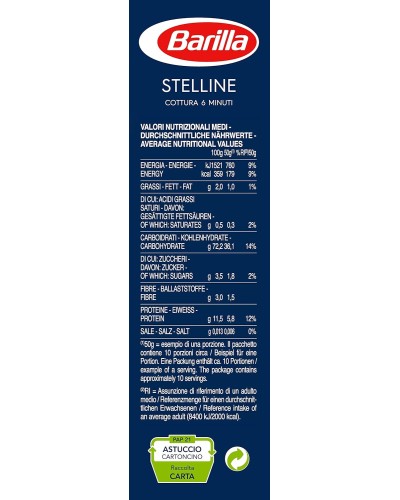 Barilla Pasta Stelline Nr. 27, Hartweizt Grieß, Die Klassiker, 500g Barilla Pasta Stelline Nr. 27, Hartweizt Grieß, Die Klassiker, 500g