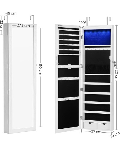 Kleiderschrank, Schmuckrank, Spiegelschrank, Modeschmuck, zum Aufhängen, mit Spiegel, Wandbefestigung 119 x 35 x 9 cm, mit LED-Leuchten