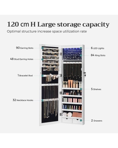 Kleiderschrank, Schmuckrank, Spiegelschrank, Modeschmuck, zum Aufhängen, mit Spiegel, Wandbefestigung 119 x 35 x 9 cm, mit LED-Leuchten