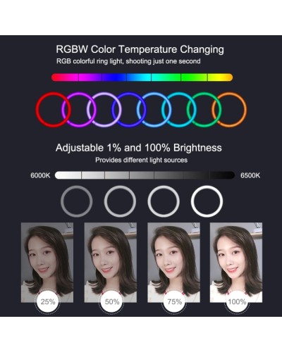Bague LED pour selfies, 26cm, lumière réglable et couleurs, trépieds, avec télécommande