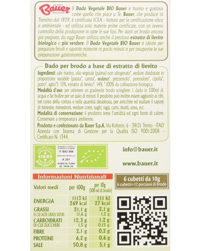 Bauer, Dado per Brodo Vegetale Bio, astucci da 6 dadi, 60g.